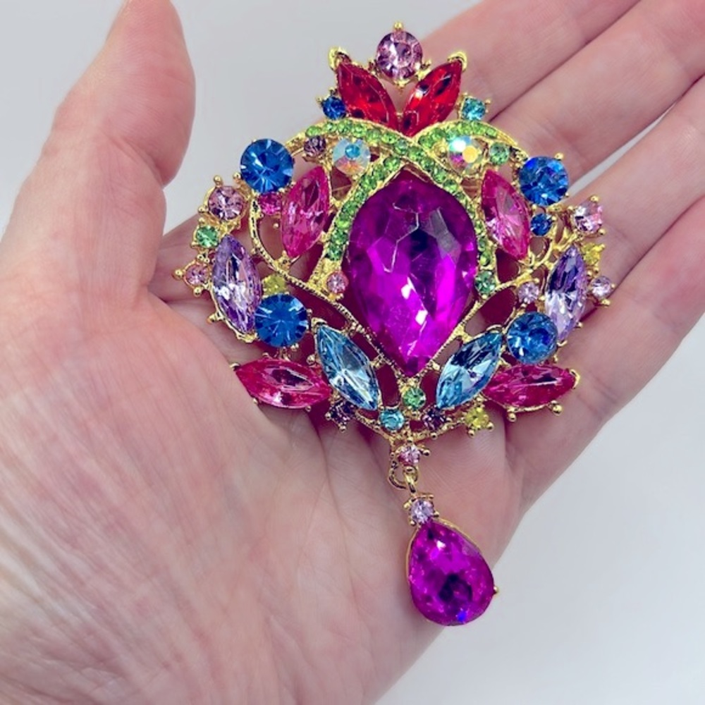 Large Multicolor Rhinestone Waterdrop Brooch - image 2